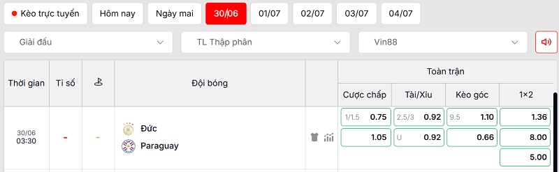 Bảng tỷ lệ kèo trận đấu Đức vs Paraguay