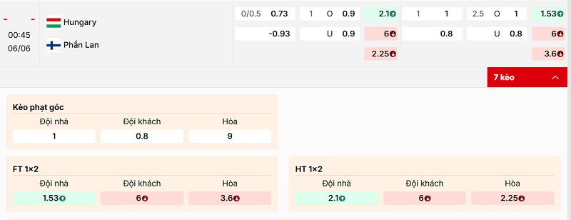 Bảng tỷ lệ kèo Hungary vs Phần Lan