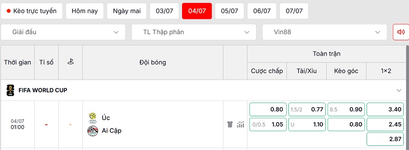 Bảng tỷ lệ kèo trận đấu Úc vs Ai Cập